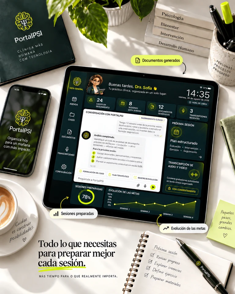 Panel de la plataforma PortalPSI en tablet con análisis clínico, expediente de casos y dictado por voz